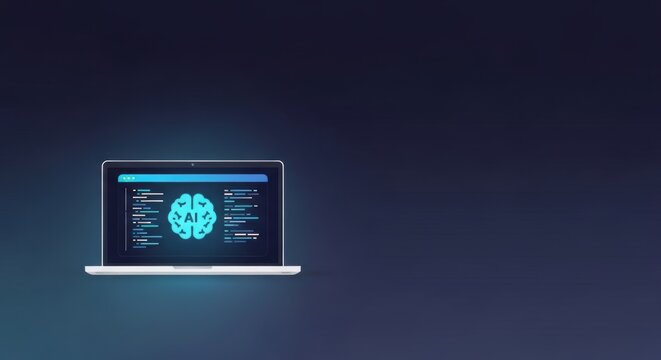 Laptop screen displaying AI brain code during dark digital background with copy space