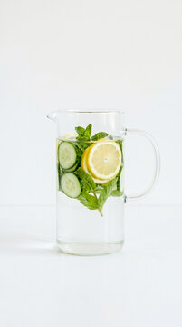 Agua infusionada con pepino, lim&oacute;n y menta en jarra de vidrio, fondo blanco limpio, estilo minimalista.