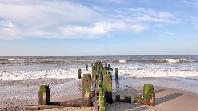 Weathered wooden groynes stretch into the North Sea as the tide creeps in, waves folding around them, whispering over sand and shingle under a muted Norfolk sky. Static camera shot