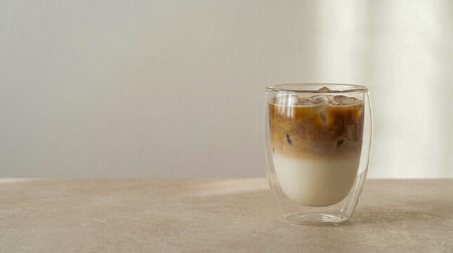 Vaso de iced coffee con hielo y leche, fondo neutro, luz suave, estilo moderno minimalista, copy space.