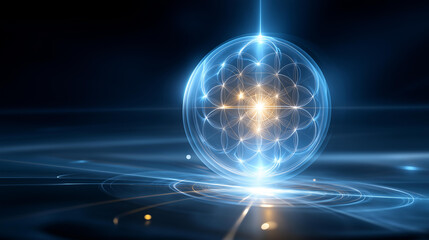 Fototapeta premium Luminous sacred geometry Flower of Life pulsating with cosmic energy and light for a spiritual visualization concept. Luminous Flower of Life, pulsating cosmic, energy light,