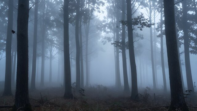 76. A beautiful photorealistic background of a misty foggy forest at dawn, tall thin tree trunks receding into atmospheric haze, soft cool blue and grey tones, ethereal mystical quality, the perfect d