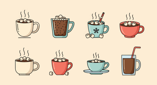 Collection of Various Hot Coffee Cups with Steam.