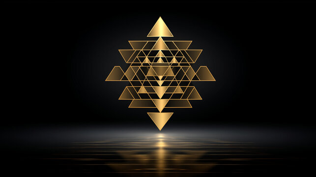 Sacred Sri Yantra mandala symbol in golden sacred geometry for a spiritual and meditative luxury design concept. Sri Yantra mandala, golden sacred, spiritual meditative, luxury