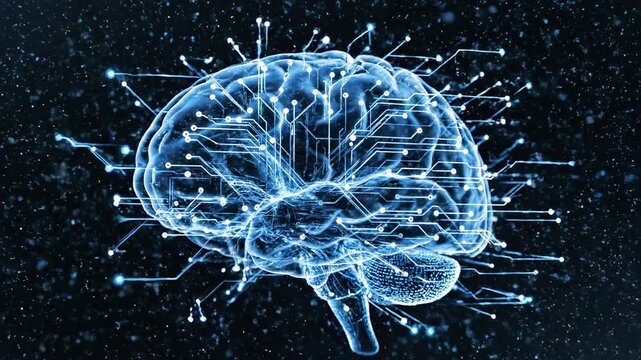 This showcases a mesmerizing digital representation of a brain composed of glowing blue particles and wires, set against a dark background. The visualization highlights the intricate connections and