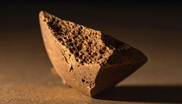 A jagged shard of porous unfired clay from a broken vessel showcases a rough and earthy texture, highlighting the raw material and artisanal history behind the fragmented ceramic composition.