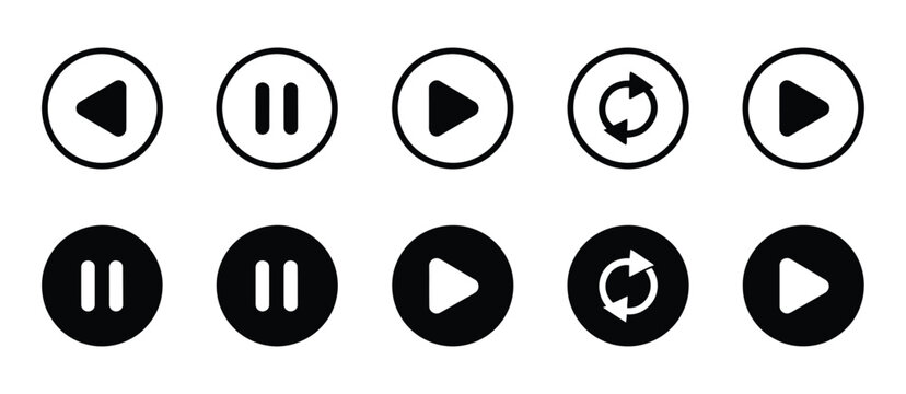 Media Control Icon Set, Play Pause Replay Previous And Next Track Symbols, Video Streaming App Interface Elements, Minimal Flat Vector Illustration For UI And Web Design.