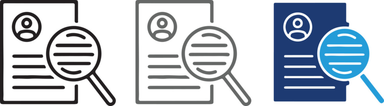 Resume search icon with magnifying glass for recruitment and hiring process, human resources selection vector illustration on transparent background.