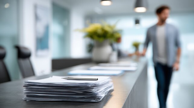 Desk at outpatient addiction clinic with discharge papers and patient leaving room