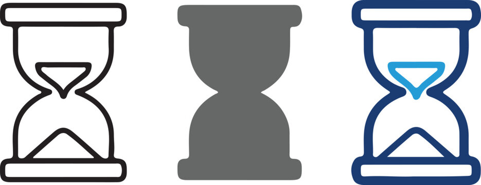 Set of three hourglass icons with different styles including outline, solid silhouette, and color stroke for time management, deadline, and waiting concepts. Vector illustration isolated on transparen