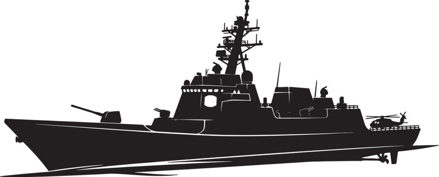 Silhouette of a military warship with radar and antenna systems also transparent background