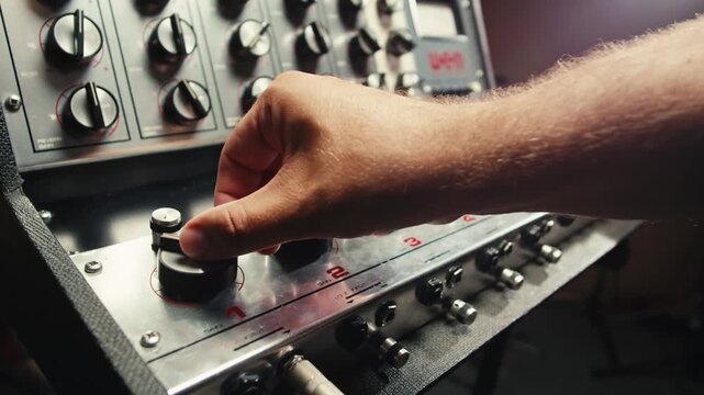 Music studio close up, Close up hands shot of sound engineer using mixing console, remote control for adjusting sound, audio mixer. Musician creates music, makes remix for DJ set. Sound recording