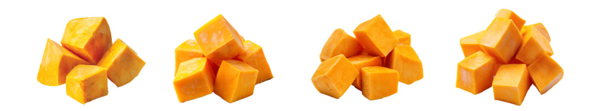 Several bright orange cheese cubes are piled together and scattered across the image on transparent background