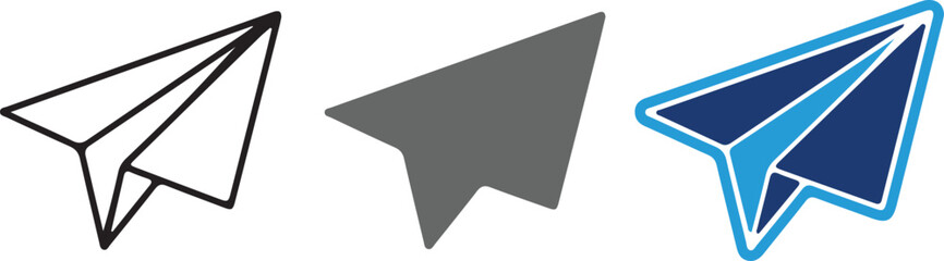 Minimalist paper plane vector icon set with hand-drawn outline, solid silhouette, and modern blue stylized designs isolated on transparent background. © Parves