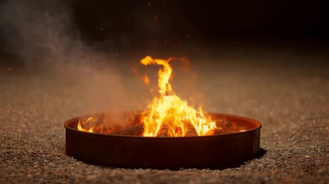 Intimate Nighttime Outdoor Footage Featuring Blazing Fire Surrounded By Rocky Terrain And Drifting Smoke