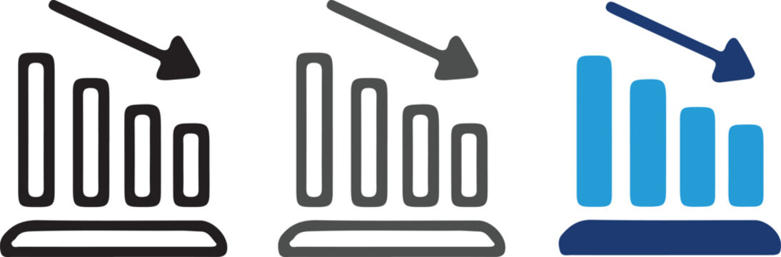Decreasing bar chart icon set with falling arrow representing financial loss, business crisis, economic recession, and market down trend, vector illustration.