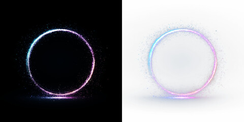Fototapeta premium Circle with glowing edges in blue and purple colors isolated on transparent and black background, for design use, light overlay, PNG