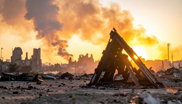A makeshift wooden shelter stands amidst the ruins and thick smoke of a devastated landscape during a dramatic golden sunset.