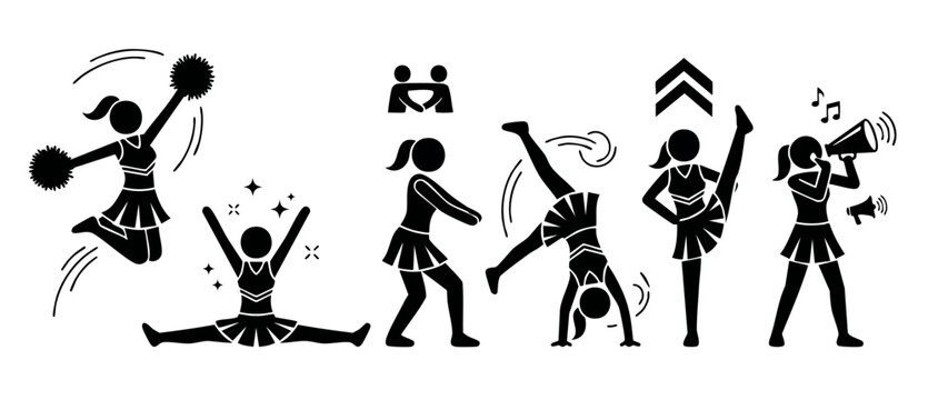 Cheerleader icon set stick figure performing various cheer stunts, jumping, tumbling, and cheering with megaphone in a minimalist black and white graphic style for sports and spirit squad design proje