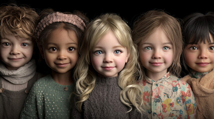 Fototapeta premium Group of diverse children with varying hairstyles and outfits, smiling together against a dark background, showcasing friendship and unity among youth in a joyful atmosphere