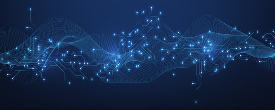 Circuit board digital abstract background. Motherboard technology texture design. AI semiconductor and computer processor on tech bg. Vector illustration