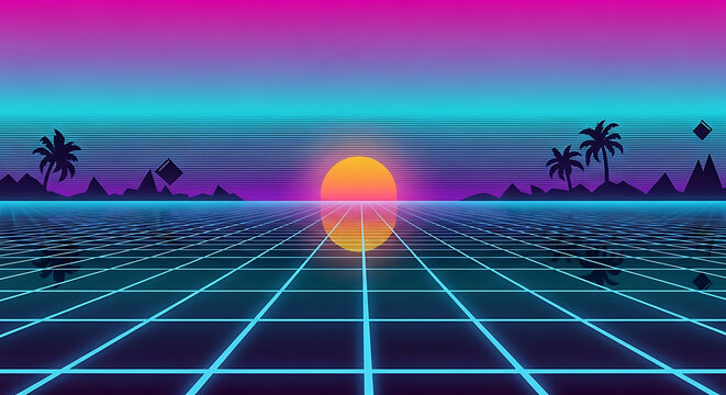 Retro Synthwave Landscape with Glowing Grid and Sunset