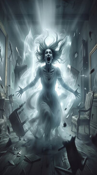 Screaming banshee apparition floating in haunted room. Poltergeist activity with furniture levitating in dark hallway.