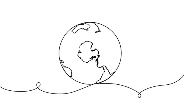 Continuous one line globe earth art world sustainable education outline. Earth globe tree science leaf environment drawing health book illustration planet doodle history student day school college big