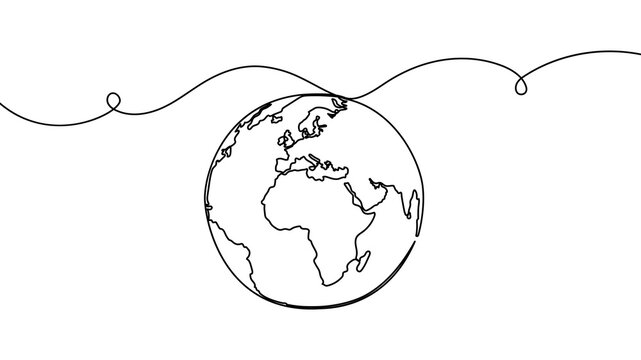 Continuous one line globe earth art world sustainable education outline. Earth globe tree science leaf environment drawing health book illustration planet doodle history student day school college big