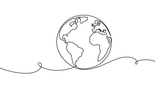 Continuous one line globe earth art world sustainable education outline. Earth globe tree science leaf environment drawing health book illustration planet doodle history student day school college big