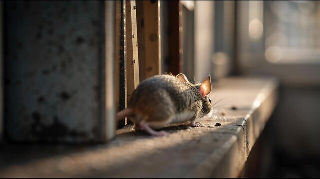 Little mouse emerging from behind an object, looking around curiously, then scurrying on a ledge