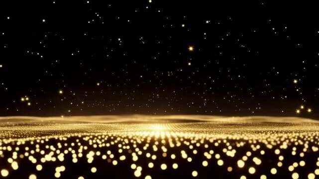 Golden particles and stars shining brightly in a dark space with a glowing light