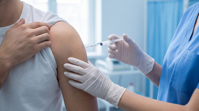 Healthcare professional giving vaccine injection to patient arm in hospital clinic. Medical vaccination and immunization procedure