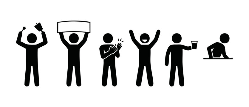 People cheering icons set, crowd celebration and stadium fans holding placards, drinking and clapping, vector graphic isolated on white background for sports events, business success and festive atmos