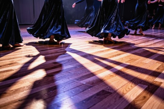 Dancers in flowing black skirts moving across wooden stage with dynamic shadows