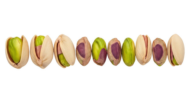 A horizontal row of ten raw pistachio nuts with beige shells and green or purple kernels, isolated on transparent background