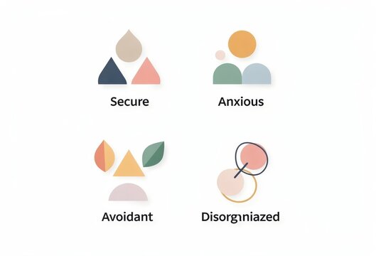 Abstract representation of secure anxious avoidant disorganized attachment styles using geometric shapes and pastel colors conveying emotional connections and psychological states