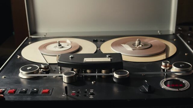 Tape audio music player, studio magnetic tape, vintage retro spool reel to reel player and recorder, magnetic tape data storage close up, music studio. 