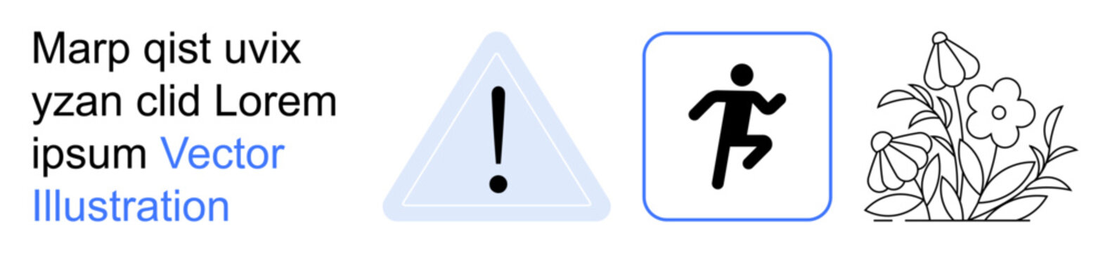 Safety, motion, warning, environmental consciousness, risk assessment, caution communication. A triangle with an exclamation mark, a running figure and flowers. Safety and motion concept