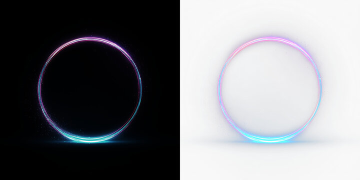 Circle with glowing edges isolated on transparent and black background, showing colorful light effects during a daytime scene, light overlay, PNG