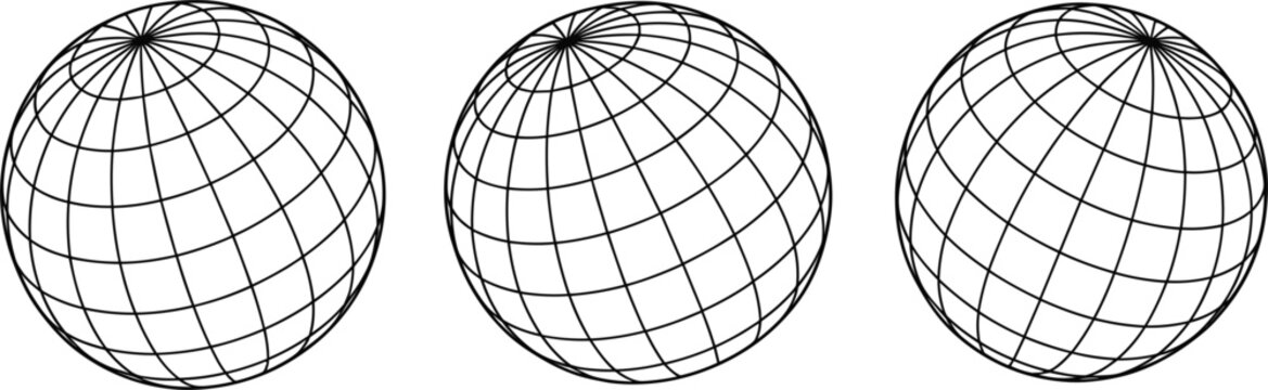 Wireframe globes showing rotation sequence across three spherical perspectives