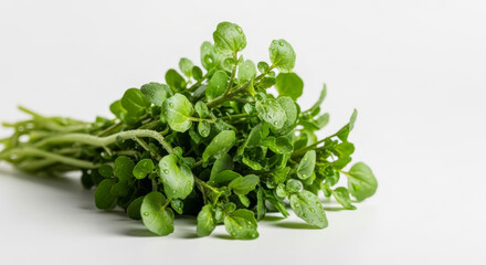 Obraz premium Fresh Green Watercress with Droplets, Showcasing Its Vibrant Color and Crisp Texture, Perfect for Healthy Dishes Concept Delicious Food