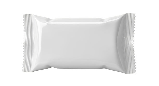 Blank white rectangular snack food packaging pouch with crimped edges, isolated on transparent background