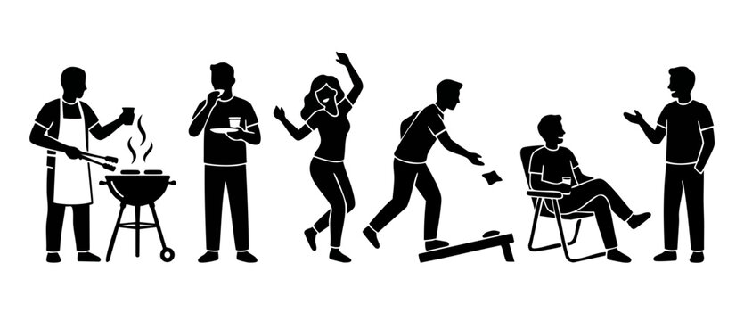 People BBQ Party Picnic Icons, Outdoor Summer Social Gathering Activities, Friends Grilling Eating Dancing Playing Games and Relaxing Together, Vector Silhouette Set for Event Celebration Design Eleme