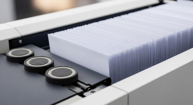 Automated Document Processing Machine with Stack of White Paper Sheets on Conveyor Belt for Mail