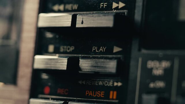 Retro radio tape recorder, audio cassette close-up. Listening to music, old radio boom box player, macro of vintage music listening. 