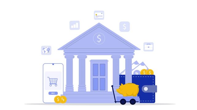 Digital finance concept with bank building mobile shopping cart wallet and piggy bank savings illustration