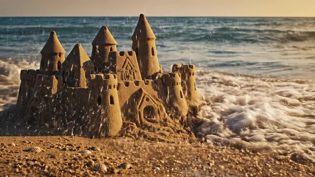 Elaborate sandcastle on beach at sunset as gentle waves begin to wash it away. Perfect for themes of childhood memories, impermanence, summer vacations, or the quiet power of nature