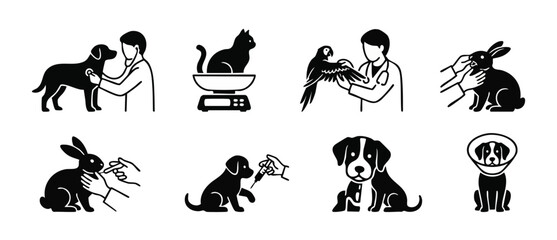 Fototapeta premium Veterinary Clinic Icons Set, Pet Care and Animal Health Treatment Symbols, Black and White Vector Illustration of Veterinarian Examining Dog, Cat, Rabbit and Bird for Medical Checkup and Vaccination R