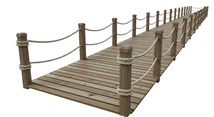 Naklejka premium Long wooden boardwalk bridge with vertical posts and thick rope railings, perspective view isolated on transparent background